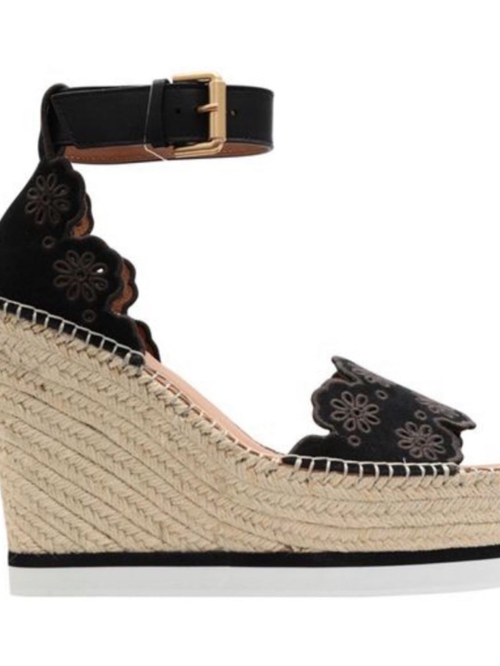 See By Chloe Black Floral Lace Espadrille Wedge Sandals - Picture 2 of 8